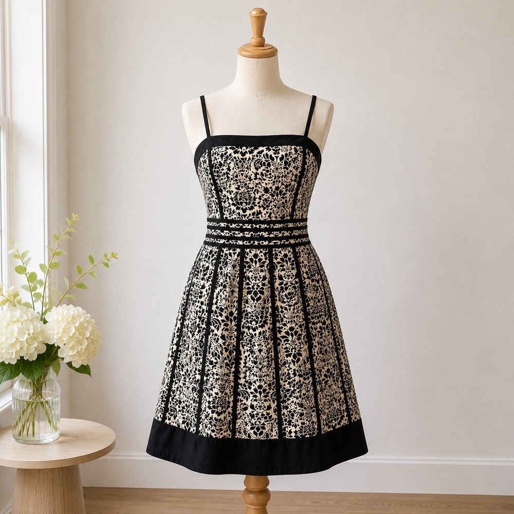Liz Claiborne Damask Floral Dress 6 Black Ivory Fit‎ & Flare Cotton Sleeveless
